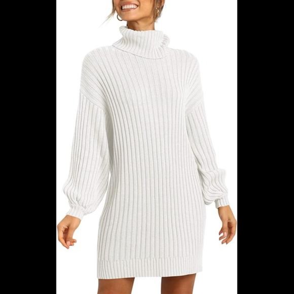 Women Turtleneck Long Lantern Sleeve Casual Loose Oversized Sweater Dress - Picture 2 of 6